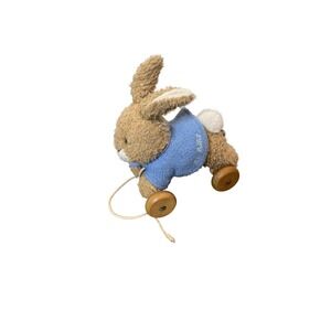 Vintage Eden Peter Rabbit Plush Pull Toy Bunny Wooden Wheels Small Blue Coat